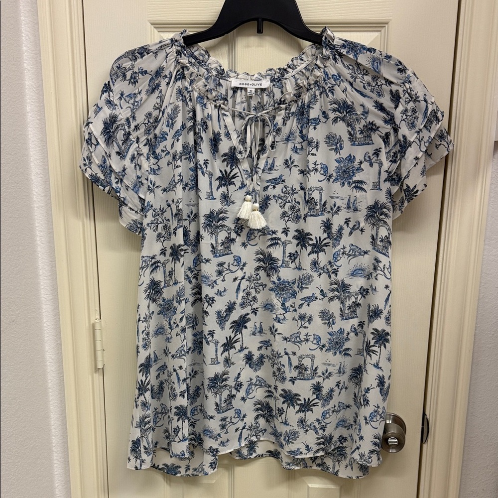Rose & Olive Blue and White Tropical Print Blouse